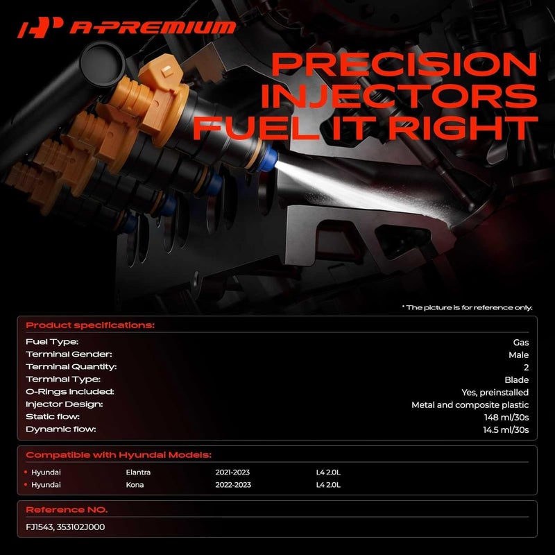 A-Premium Fuel Injector Replacement Set for Hyundai Elantra 2021-2023 & Kona 2022-2023, 2.0L L4 GAS DOHC - Image 2