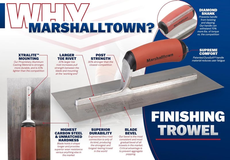 MARSHALLTOWN ملاط إنهاء من الفولاذ الكربوني العالي، 3 1/2 × 16 بوصة، أداة إنهاء الخرسانة، البناء والجدران الجافة، مصنوعة في الولايات المتحدة الأمريكية، MXS61D - Image 5