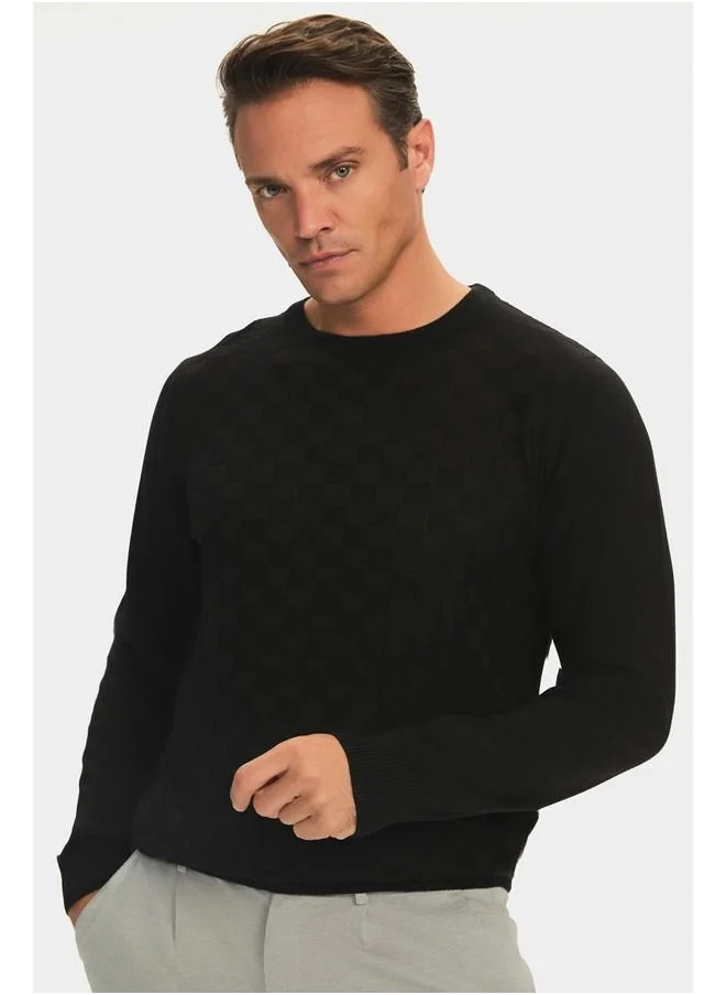 JUNE June Men Regular Fit Crew Neck Patterned Knitwear Sweater Black