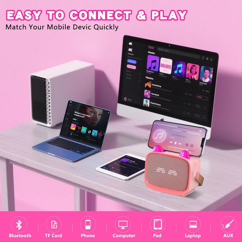 Mgaolo Upgraded Mini Karaoke Machine Toy for Kids, Portable Bluetooth Speaker with 2 Wireless Mics, Emoji & Colorful LED Lights, Home Travel & Party Play Gifts for Boys Girls (Pink) - Image 4