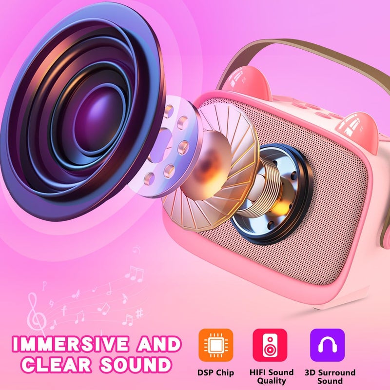 Mgaolo Upgraded Mini Karaoke Machine Toy for Kids, Portable Bluetooth Speaker with 2 Wireless Mics, Emoji & Colorful LED Lights, Home Travel & Party Play Gifts for Boys Girls (Pink) - Image 3