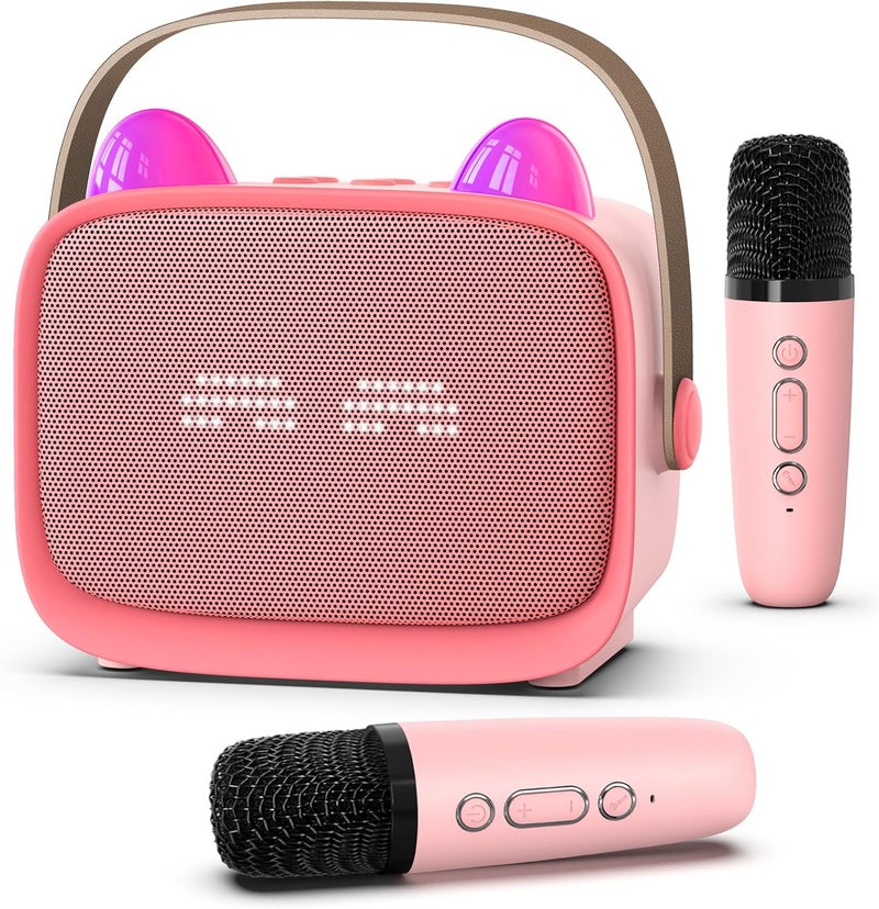 Mgaolo Upgraded Mini Karaoke Machine Toy for Kids, Portable Bluetooth Speaker with 2 Wireless Mics, Emoji & Colorful LED Lights, Home Travel & Party Play Gifts for Boys Girls (Pink) - Image 1