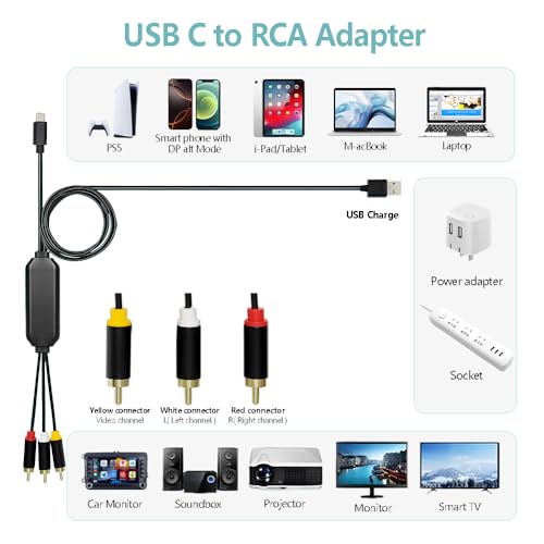 ECDREAM USB C to RCA Cable Adapter, 6Ft Type-C to RCA Cable with USB A(Charging),USB C Male to 3 RCA Male,Suitable for TV, Monitor, Speaker - Image 3