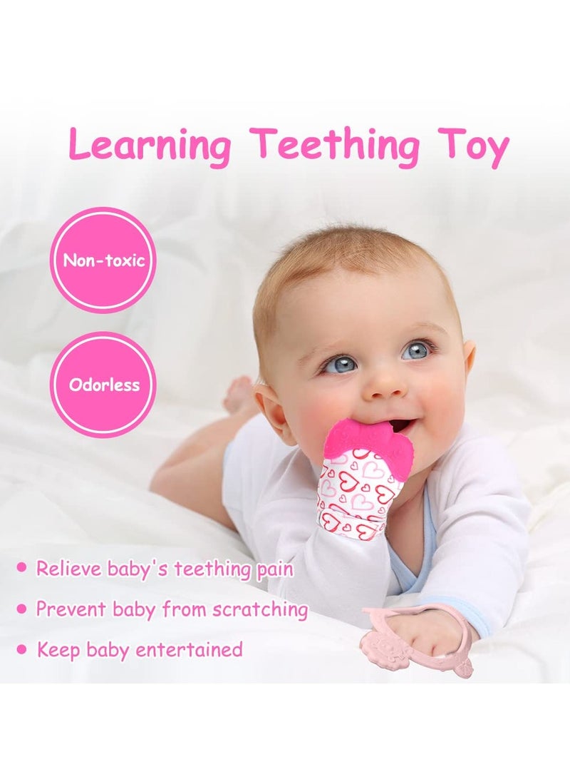 Mr. Penda - 2Pcs Silicone Teething Mitten Set, Baby Teething Toy with Lion & Hearts Pattern, Toddler Teething Gloves with Adjustable Strap, Crinkle Sound, Self Soothing Baby Chew Toys for Infants (Pink) - Image 1