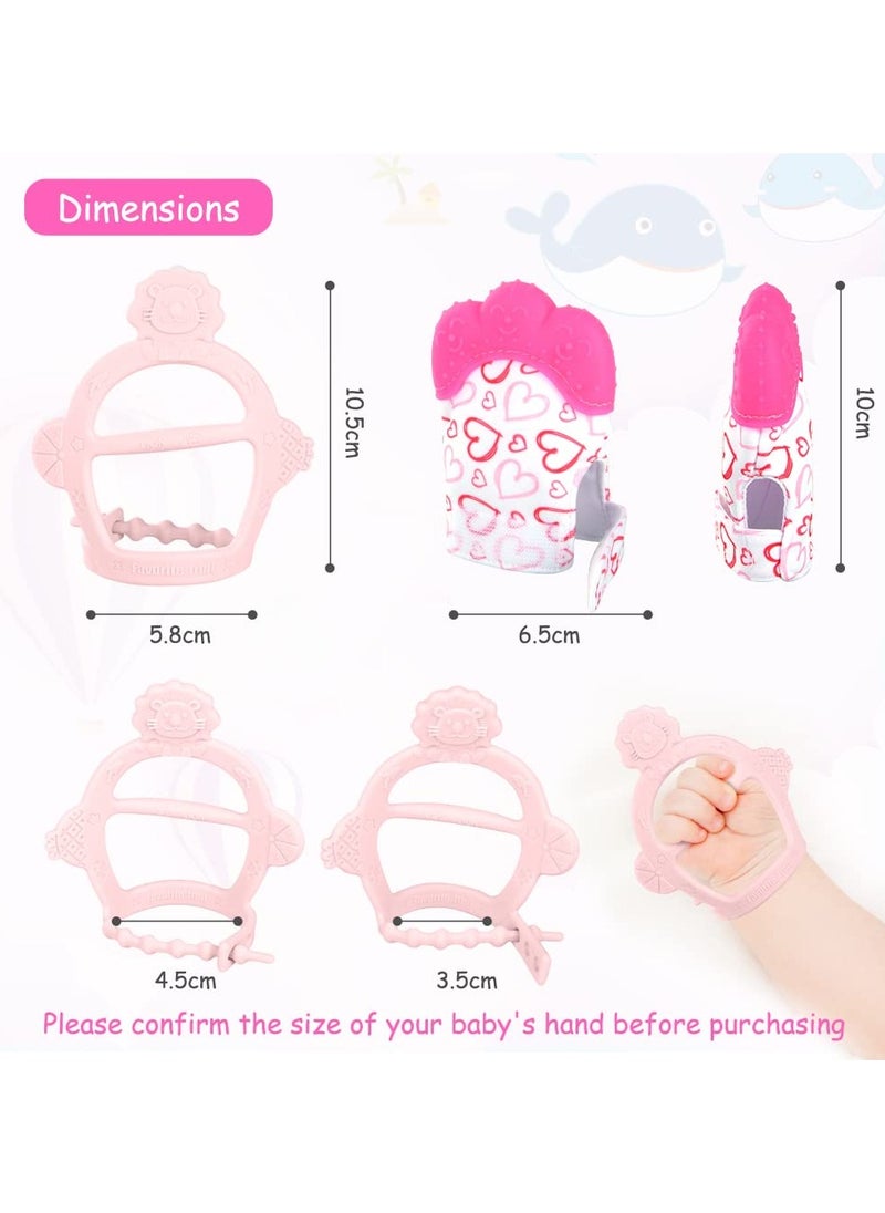 Mr. Penda - 2Pcs Silicone Teething Mitten Set, Baby Teething Toy with Lion & Hearts Pattern, Toddler Teething Gloves with Adjustable Strap, Crinkle Sound, Self Soothing Baby Chew Toys for Infants (Pink) - Image 1