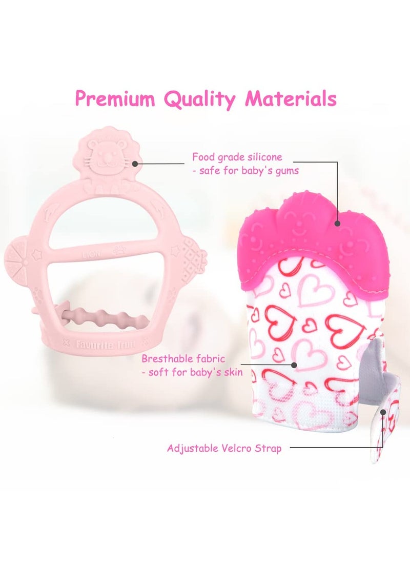 Mr. Penda - 2Pcs Silicone Teething Mitten Set, Baby Teething Toy with Lion & Hearts Pattern, Toddler Teething Gloves with Adjustable Strap, Crinkle Sound, Self Soothing Baby Chew Toys for Infants (Pink) - Image 1
