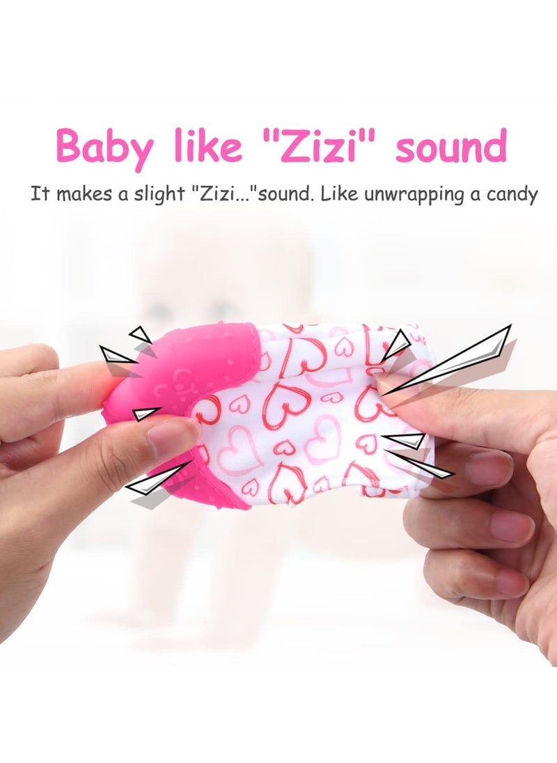 Mr. Penda - 2Pcs Silicone Teething Mitten Set, Baby Teething Toy with Lion & Hearts Pattern, Toddler Teething Gloves with Adjustable Strap, Crinkle Sound, Self Soothing Baby Chew Toys for Infants (Pink) - Image 1