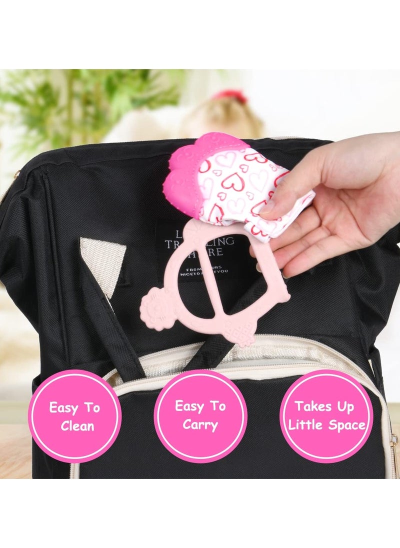 Mr. Penda - 2Pcs Silicone Teething Mitten Set, Baby Teething Toy with Lion & Hearts Pattern, Toddler Teething Gloves with Adjustable Strap, Crinkle Sound, Self Soothing Baby Chew Toys for Infants (Pink) - Image 1