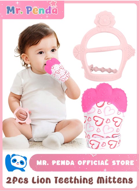 2Pcs Silicone Teething Mitten Set, Baby Teething Toy with Lion & Hearts Pattern, Toddler Teething Gloves with Adjustable Strap, Crinkle Sound, Self Soothing Baby Chew Toys for Infants (Pink)