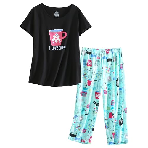 PNAEONG Women Pajama Set Sleepwear Tops with Capri Pants Casual and Fun Prints Pajama Sets I Love Coffee XL - Image 1