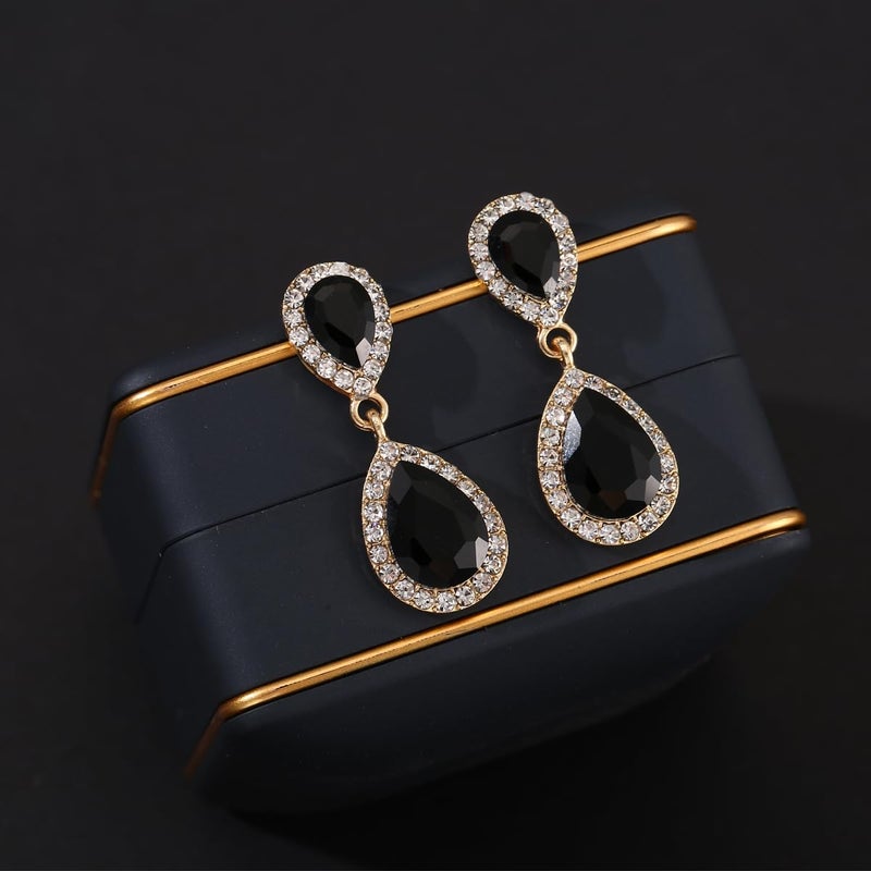 WanBigVa Black Vintage Rhinestone Teardrop Dangle Earrings Dangling Drop Earrings Fancy Crystal and Gold Chandelier Earrings for Women Wedding Bridal Prom - Image 2
