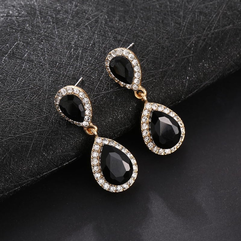 WanBigVa Black Vintage Rhinestone Teardrop Dangle Earrings Dangling Drop Earrings Fancy Crystal and Gold Chandelier Earrings for Women Wedding Bridal Prom - Image 3