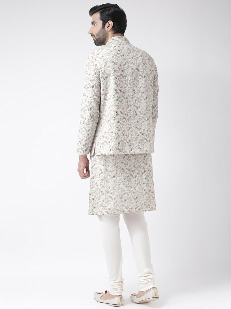 KISAH Men White Floral Kurta with Churidar Jacket, Full Sleaves, Knee Length, Straight, Regular Fit, Mandarin Collar Ethnic wear - Image 4