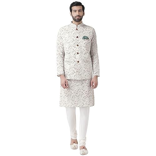 KISAH Men White Floral Kurta with Churidar Jacket, Full Sleaves, Knee Length, Straight, Regular Fit, Mandarin Collar Ethnic wear - Image 1