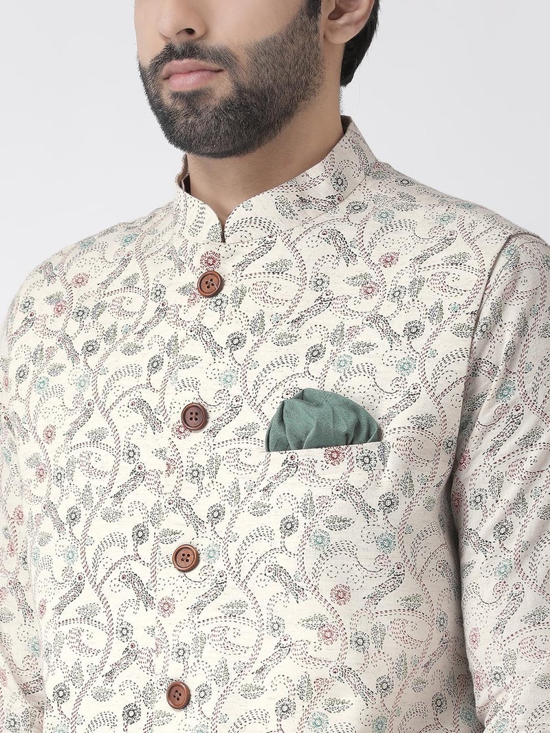 KISAH Men White Floral Kurta with Churidar Jacket, Full Sleaves, Knee Length, Straight, Regular Fit, Mandarin Collar Ethnic wear - Image 5
