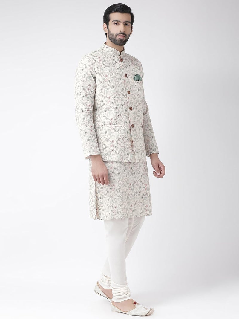KISAH Men White Floral Kurta with Churidar Jacket, Full Sleaves, Knee Length, Straight, Regular Fit, Mandarin Collar Ethnic wear - Image 3