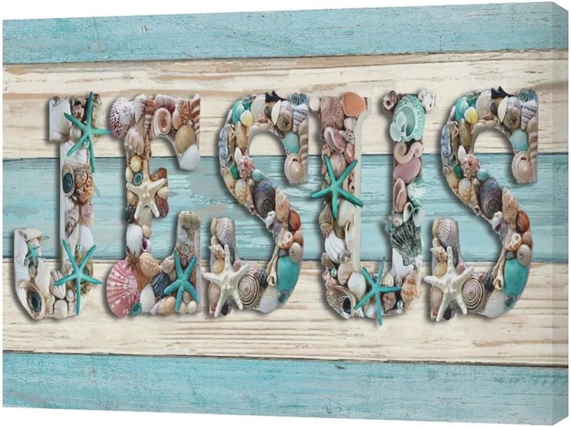 SweetFox Jesus Wall Art with Seashells and Starfish - Image 2