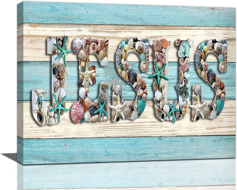 SweetFox Jesus Wall Art with Seashells and Starfish - Image 1