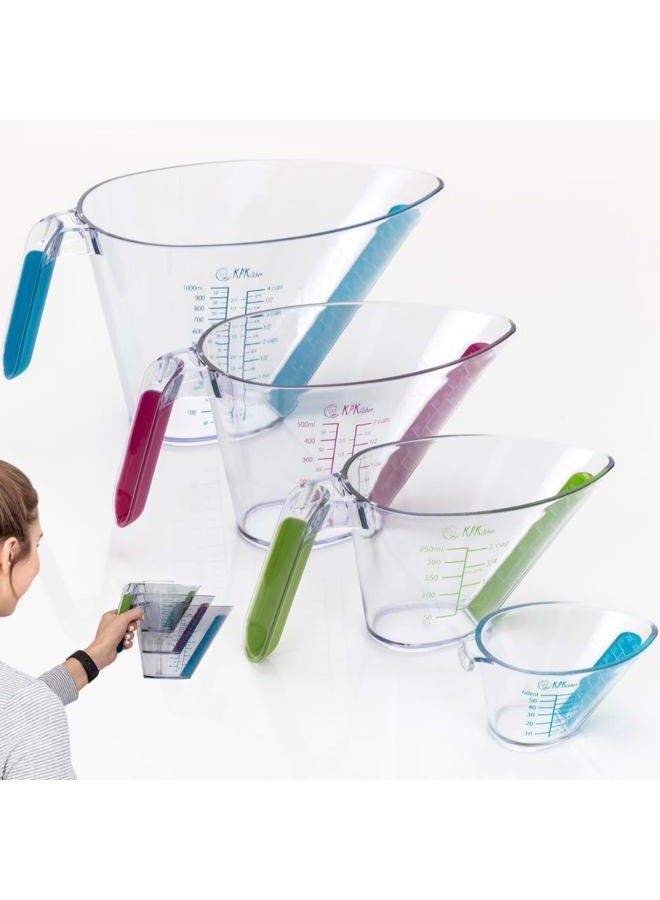 KPKitchen 4-Piece Angled Liquid Measuring Cups Plastic Set - Mini Oz, 1, 2 and 4 Plastic Measuring Cup Sizes - Plastic Measuring Cups For Liquids with ML & Cups Measures - Small & Large Measure Cup - Image 1