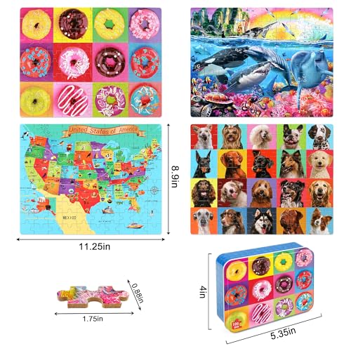 LELEMON Puzzles for Kids Ages 464Pack 100 Piece Puzzles for Kids Ages 48 in a Metal BoxDogs Donut USA Map Underwater World Educational Jigsaw Puzzles Puzzle Games Puzzle Toys for Girls and Boys - Image 5