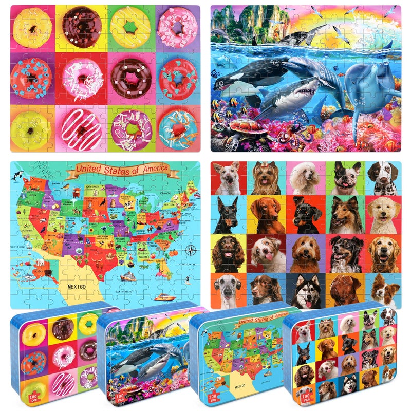 LELEMON Puzzles for Kids Ages 464Pack 100 Piece Puzzles for Kids Ages 48 in a Metal BoxDogs Donut USA Map Underwater World Educational Jigsaw Puzzles Puzzle Games Puzzle Toys for Girls and Boys - Image 3