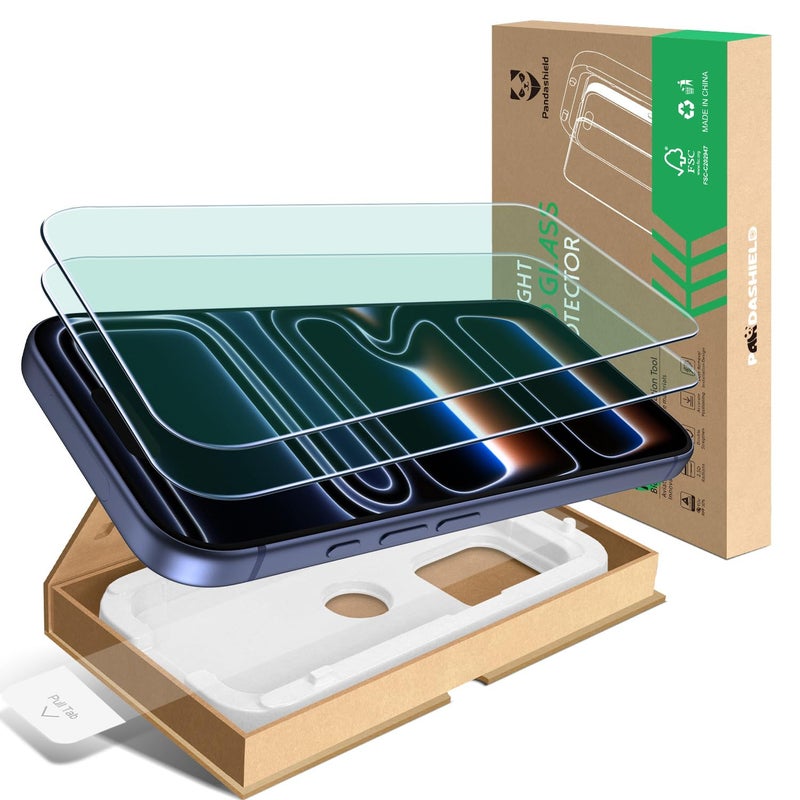 PandaShield 2-Pack Anti Blue Light Screen Protector for iPhone 17 Pro, 17, and 16 Pro [6.3"], Eye Care Tempered Glass, Military Grade Shatterproof with Eco-Friendly Paper Easy-Install Alignment Tool - Image 1