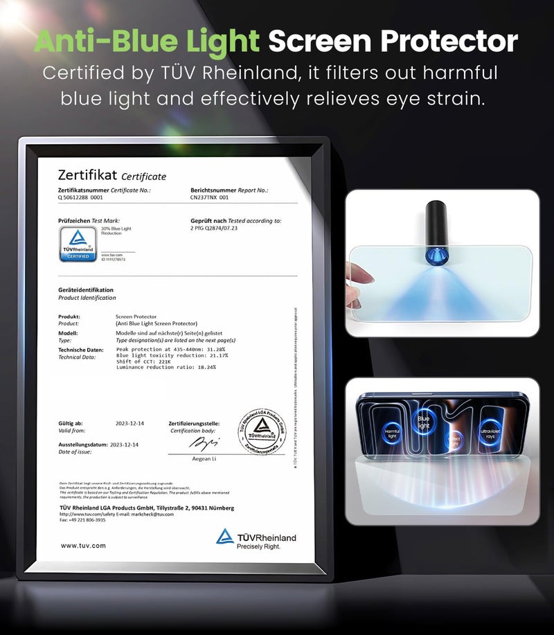 PandaShield 2-Pack Anti Blue Light Screen Protector for iPhone 17 Pro, 17, and 16 Pro [6.3"], Eye Care Tempered Glass, Military Grade Shatterproof with Eco-Friendly Paper Easy-Install Alignment Tool - Image 3