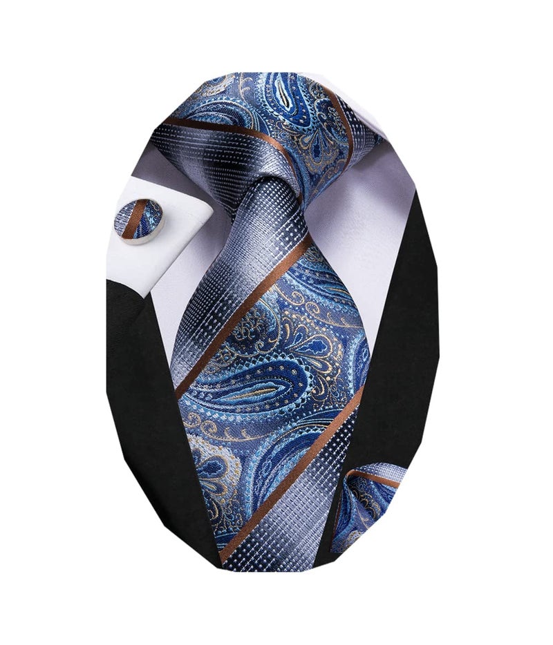 Dubulle Mens Paisley Striped Tie Silk Mens Necktie and PocketSquare Cufflinks Set Wedding Fomral Party,Blues - Image 1