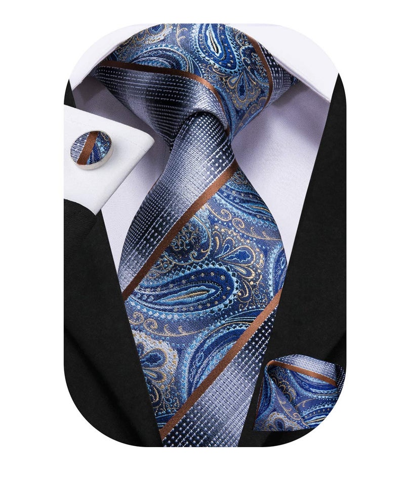 Dubulle Mens Paisley Striped Tie Silk Mens Necktie and PocketSquare Cufflinks Set Wedding Fomral Party,Blues - Image 3
