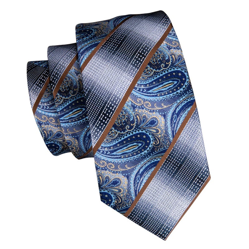 Dubulle Mens Paisley Striped Tie Silk Mens Necktie and PocketSquare Cufflinks Set Wedding Fomral Party,Blues - Image 5