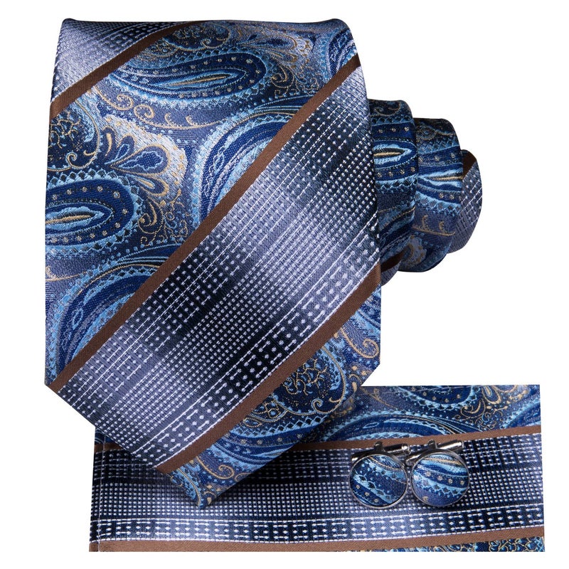 Dubulle Mens Paisley Striped Tie Silk Mens Necktie and PocketSquare Cufflinks Set Wedding Fomral Party,Blues - Image 2