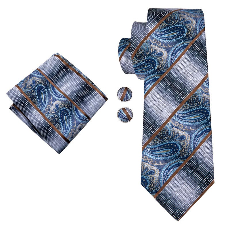 Dubulle Mens Paisley Striped Tie Silk Mens Necktie and PocketSquare Cufflinks Set Wedding Fomral Party,Blues - Image 4