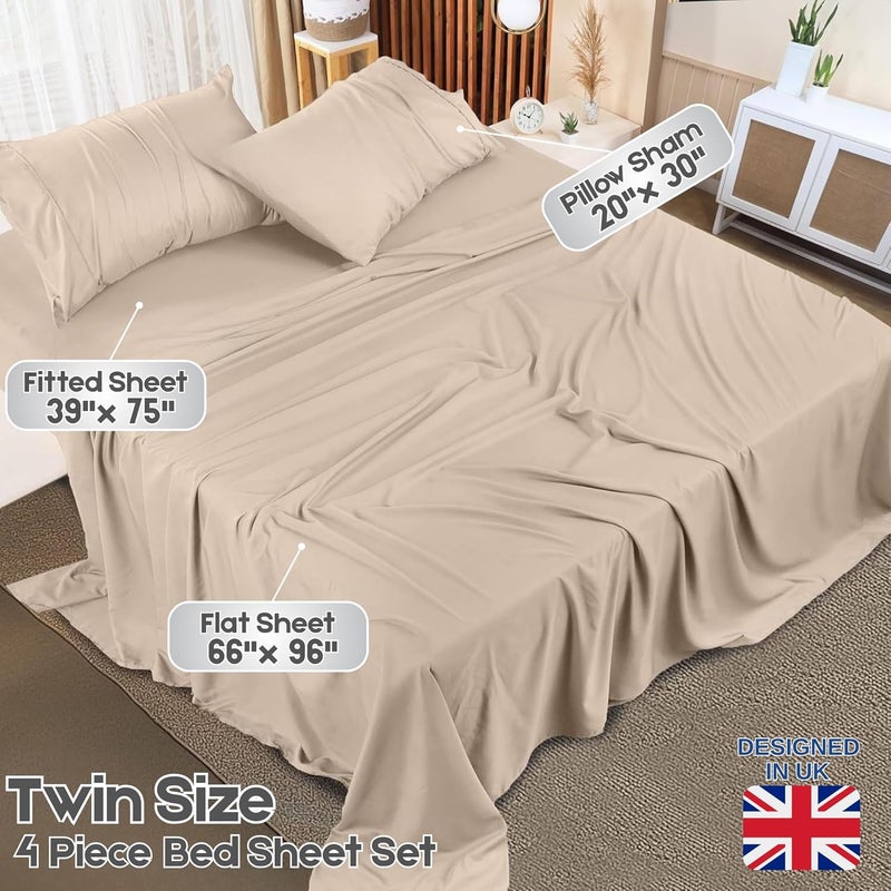 FOAM CRAFT Hotel Quality 4 Piece Bed Sheet Set - Twin Size, 100% Cotton, 300 TC, Beige - Image 2