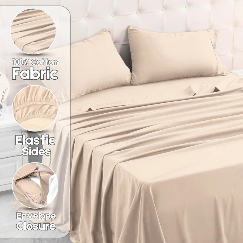 FOAM CRAFT Hotel Quality 4 Piece Bed Sheet Set - Twin Size, 100% Cotton, 300 TC, Beige - Image 3