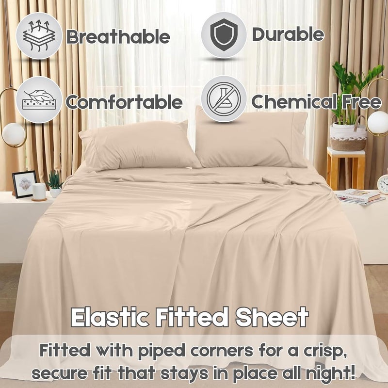 FOAM CRAFT Hotel Quality 4 Piece Bed Sheet Set - Twin Size, 100% Cotton, 300 TC, Beige - Image 4