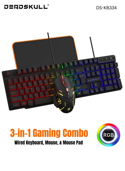 Gaming Keyboard and Mouse Combo, Wired LED Rainbow Backlit Keyboard 800-3200 DPI RGB Mouse, Gaming for PS4 Xbox PC Laptop Mac DS-KB334 - Black