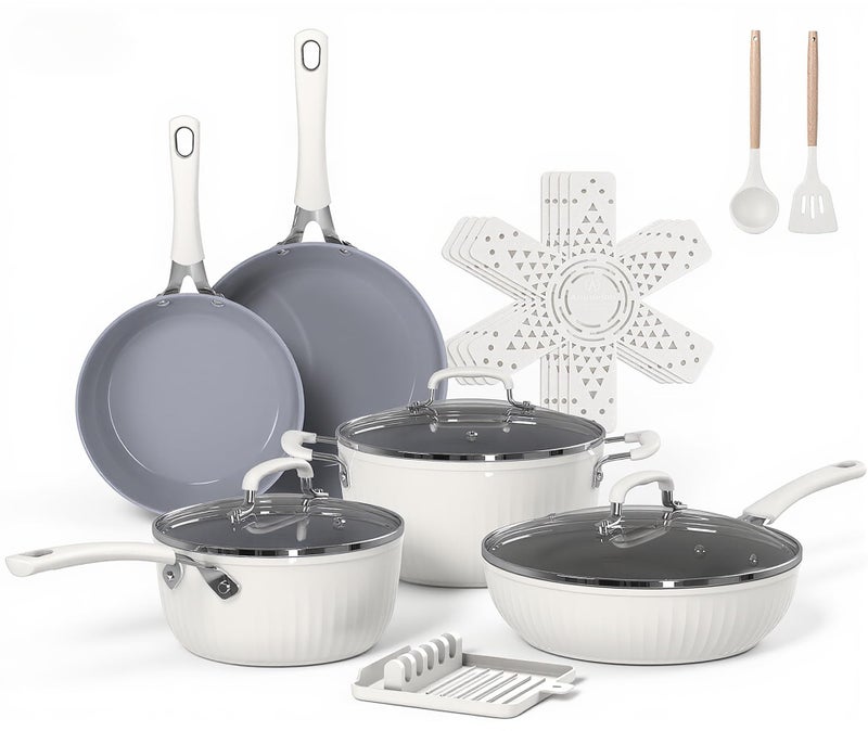 Ammeloo 15-Piece Ribbed Ceramic Cookware Set, Pots and Pans Set Non Stick, Induction Ready, Healthy Non Toxic Kitchen Cooking Set PFAS/PFOA/PTFE-Free, Silicone-wrapped Stay-Cool Handle - Image 1
