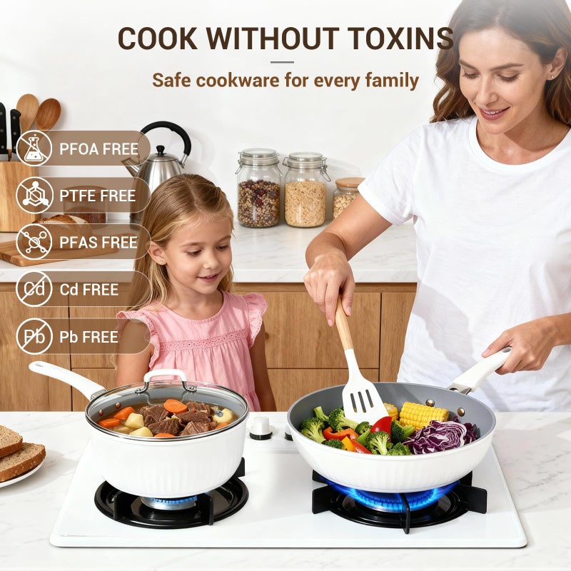 Ammeloo 15-Piece Ribbed Ceramic Cookware Set, Pots and Pans Set Non Stick, Induction Ready, Healthy Non Toxic Kitchen Cooking Set PFAS/PFOA/PTFE-Free, Silicone-wrapped Stay-Cool Handle - Image 2