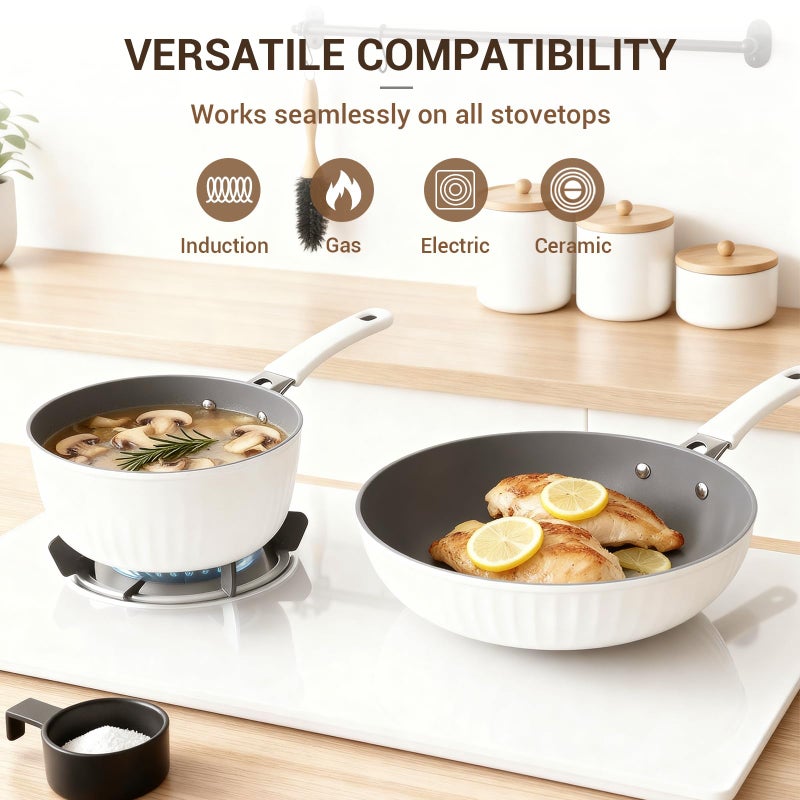 Ammeloo 15-Piece Ribbed Ceramic Cookware Set, Pots and Pans Set Non Stick, Induction Ready, Healthy Non Toxic Kitchen Cooking Set PFAS/PFOA/PTFE-Free, Silicone-wrapped Stay-Cool Handle - Image 5
