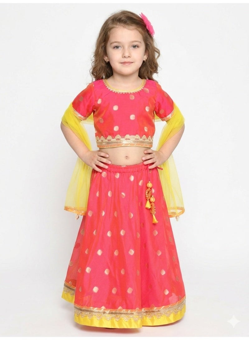 Saka Designs Fuchsia & Yellow Lehenga Choli Set for Girls - Image 1