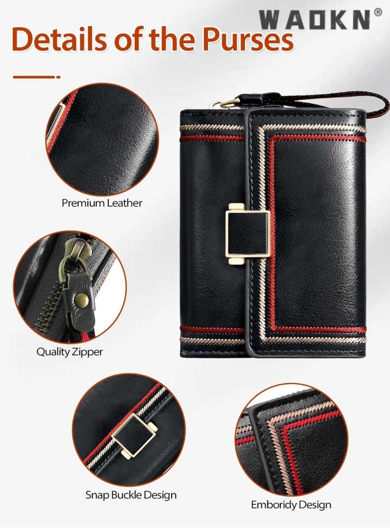 WAOKN Women's Selected RFID Blocking Short Leather Clutch, Compact Folding Accordion Wallet with Elegant Bifold Design, Easily Storing Credit Cards and Cash, Essential for a Stylish Life（Black）  - Image 2