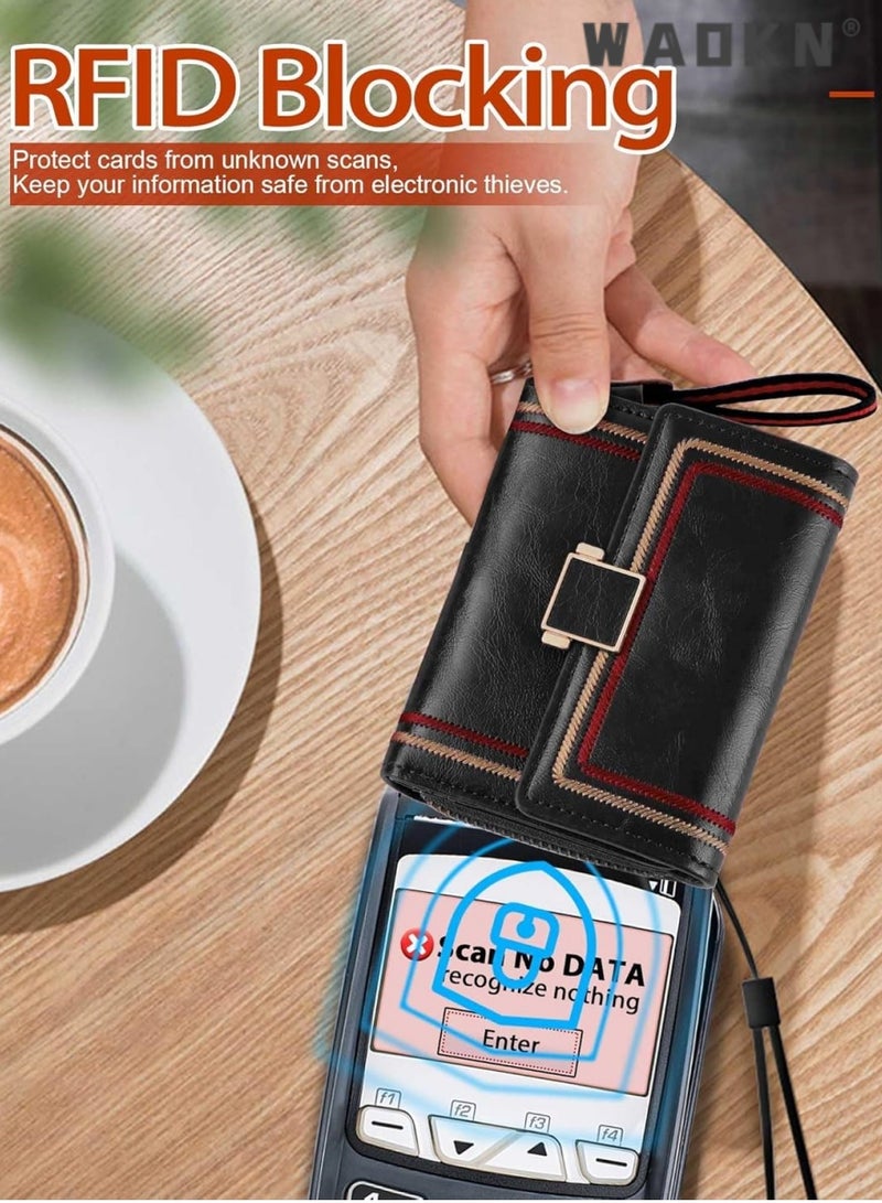 WAOKN Women's Selected RFID Blocking Short Leather Clutch, Compact Folding Accordion Wallet with Elegant Bifold Design, Easily Storing Credit Cards and Cash, Essential for a Stylish Life（Black）  - Image 3