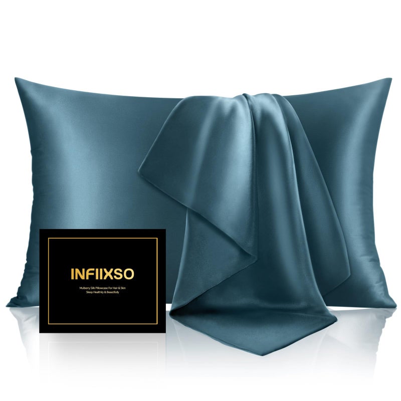 Infiixso Silk Pillow Cases 2 Pack Standard Size  Ultra Smooth & Soft Mulberry Silk Pillow Case For Hair And Skin  Breathable Cooling Silk Pillowcase With Hidden Zipper (Bluesteel  20X26 Inches) - Image 1
