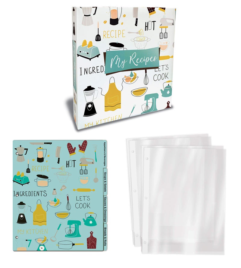 Better Kitchen Products حافظة وصفات منتجات المطبخ الأفضل، مجموعة منظم حافظة قياسية 3 حلقات بحجم كامل (مع 50 واقي صفحات و 12 علامة تقسيم فئة) تصميم مطبخ عتيق 11.5" x 12" - Image 2