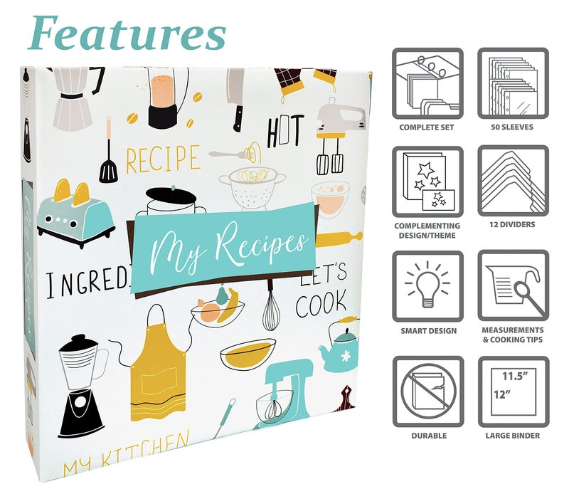 Better Kitchen Products حافظة وصفات منتجات المطبخ الأفضل، مجموعة منظم حافظة قياسية 3 حلقات بحجم كامل (مع 50 واقي صفحات و 12 علامة تقسيم فئة) تصميم مطبخ عتيق 11.5" x 12" - Image 3