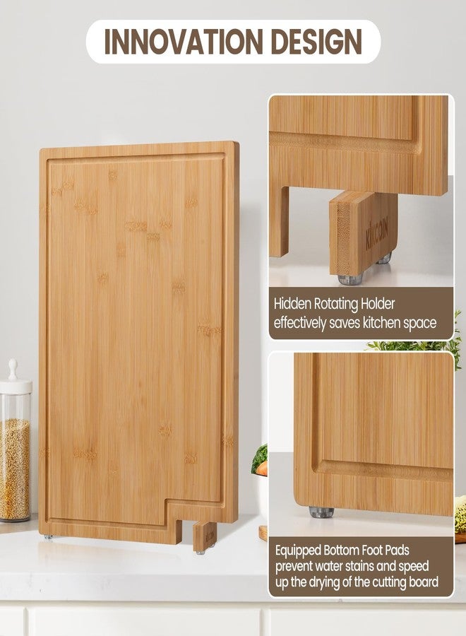 Kikcoin Bamboo Cutting Boards for Kitchen, Extra Large Wood Cutting Board with Rotating Kickstand & Juice Groove, Wooden Chopping Board for Meats Veges Fruits, Heavy Duty Serving Tray, 17 x 11.3 inch - Image 2