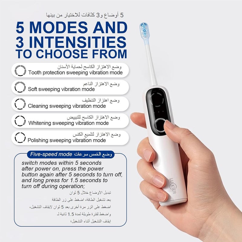 LUCKIER Electric Toothbrush – 60° Left-Right Swinging Motion, 5 Cleaning Modes, 3 Intensity Levels, 4 Replaceable Brush Heads, IPX7 Waterproof, USB Rechargeable – for Home & Travel - Image 3