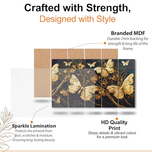 The Castle Decor-Golden Butterflies painting with frame 5 Big Size (27x48) Multiple Frames Wall Art Painting for living room,Bedroom,Drawing room,Hotels-Wooden Framed-Digital Paintin- - Image 4