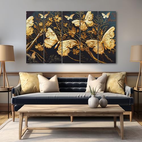 The Castle Decor-Golden Butterflies painting with frame 5 Big Size (27x48) Multiple Frames Wall Art Painting for living room,Bedroom,Drawing room,Hotels-Wooden Framed-Digital Paintin- - Image 1