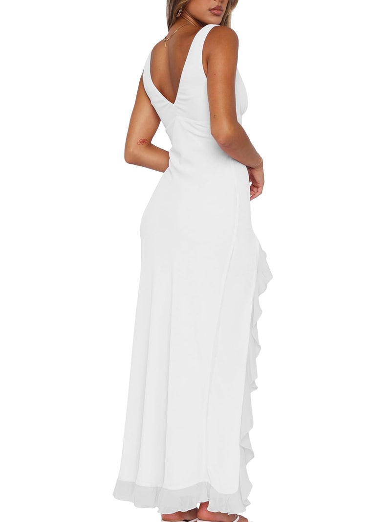 Mokoru Women's Sexy Bodycon V Neck Sleeveless Ruffle Hem High Slit Cocktail Party Maxi Dresses, Medium, White - Image 2